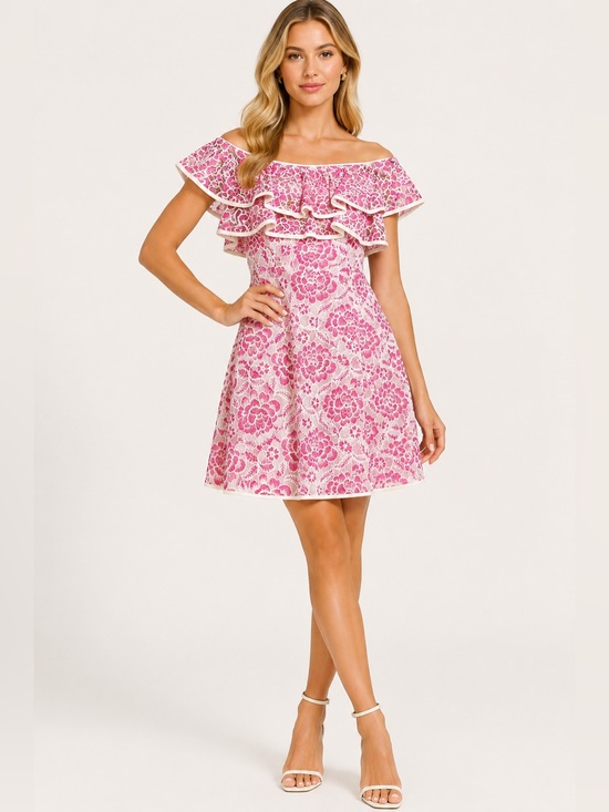 Alexis Dresses & Skirts - ALEXIS Paula Pink & Ivory Embroidered Off Shoulder Ruffle Dress Mini Size L NWT